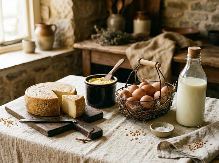 Farmstead cheese, butter, eggs, and milk arranged on a linen-covered table.