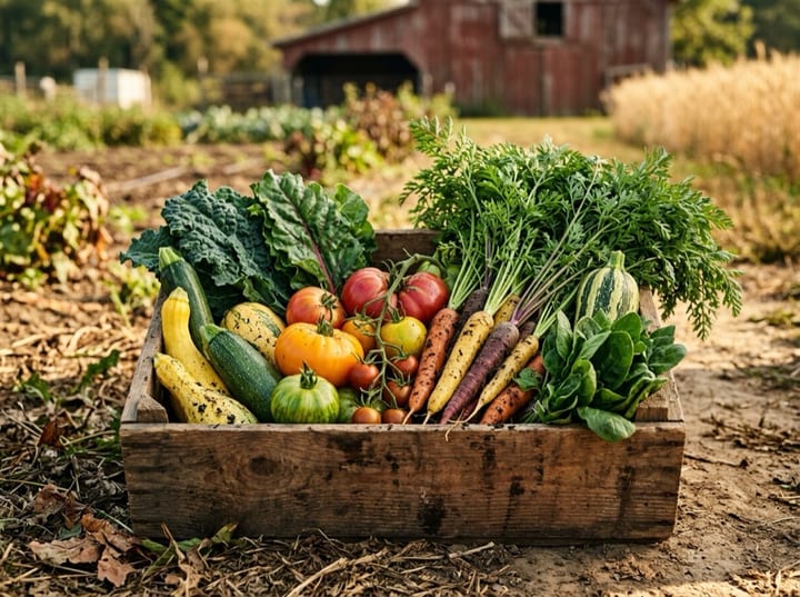 A wooden crate filled with freshly harvested vegetables.