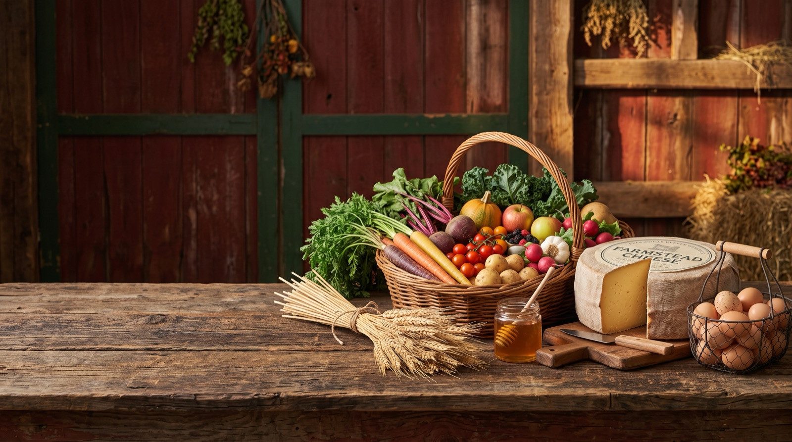 A farm harvest still life with vegetables, cheese, eggs, honey, and wheat arranged on weathered barnwood.