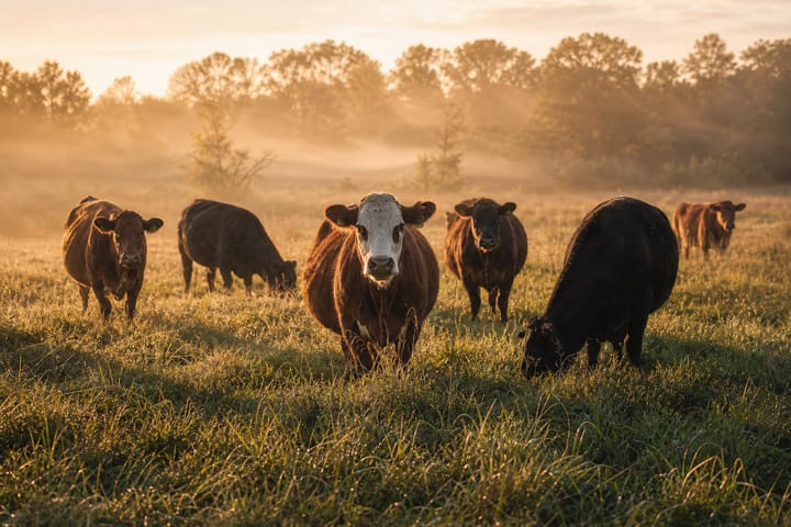 Cattle grazing in a pasture in warm morning light.