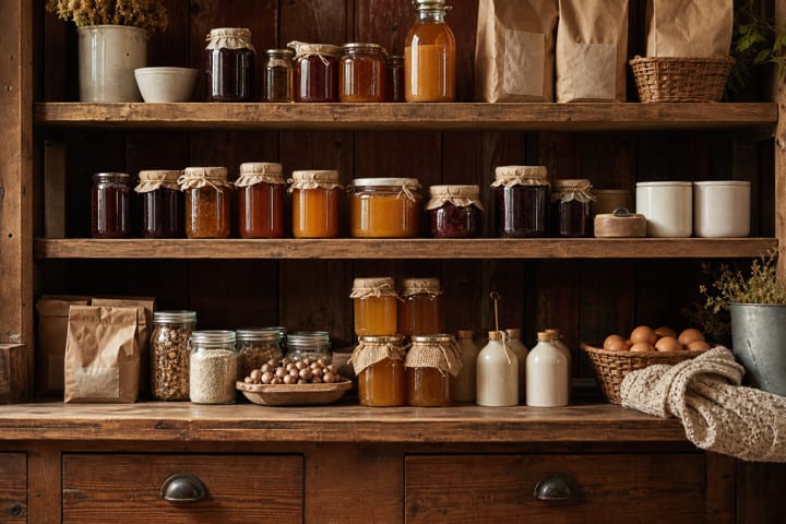 Farm-store shelves with preserves, honey, and pantry goods in warm natural light.