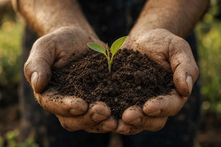 Hands holding dark soil and a young green seedling.
